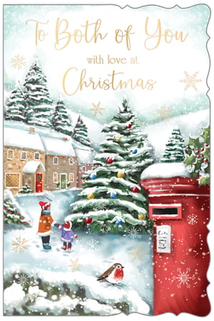 Present your customers with a delightful option this festive season with our 'To Both Of You' Christmas card. From Out of The Blue Studios Ltd., this charming design beautifully depicts a snowy village scene, complete with cosy houses, snow-laden fir trees, and a festively decorated Christmas tree. Two children gaze at the tree, while a friendly robin perches nearby, and a classic red post box adds a touch of nostalgia. The elegant gold script reads "To Both of You with love at Christmas," enhanced by delicate, shimmering snowflakes. This card is ideal for sending warm wishes to couples or two special people. Each pack contains 6 cards, ready to share the spirit of Christmas.