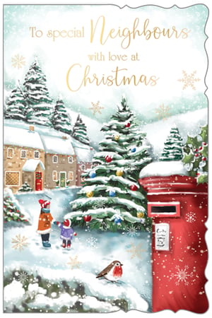 Share the warmth of the season with your community with our 'Neighbours' Christmas card, brought to you by Out of The Blue Studios Ltd. This enchanting design depicts a picturesque snowy village, where a festive Christmas tree, adorned with colourful baubles, stands proudly. Two children play joyfully in the snow, watched by a friendly robin, while a classic red post box awaits festive greetings. The card's message, 'To special Neighbours with love at Christmas,' beautifully conveys heartfelt wishes. Perfect for spreading cheer, these charming cards come in a convenient pack of 6, making it easy to send thoughtful greetings to those nearby.