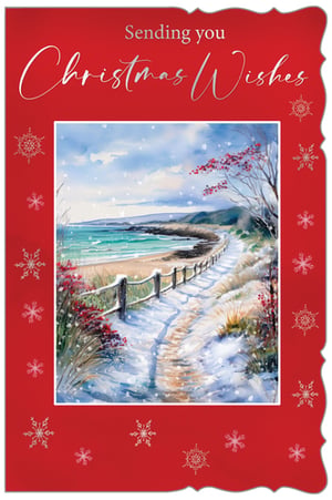 Introduce a truly unique Christmas card to your collection with this beautiful 'Open' design from Out of The Blue Studios Ltd. This captivating card features a serene watercolour scene, depicting a snowy coastal path winding alongside a tranquil turquoise sea. Delicate snowflakes drift across the picturesque landscape, framed by a festive red border adorned with shimmering snowflake motifs.

The elegant 'Sending you Christmas Wishes' message adds a heartfelt touch, making this card perfect for conveying warm greetings. It offers a refreshing take on traditional Christmas imagery, blending winter charm with the unexpected beauty of a snowy seaside. Stock up with our convenient 1x6 pack and offer your customers something wonderfully different this festive season.