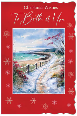 Send warm festive greetings with our beautiful 'To Both Of You' Christmas card. This charming design features a serene snowy coastal scene, where a winding path, dusted with fresh snow, leads along a tranquil turquoise sea. Delicate snowflakes drift down, adding to the peaceful winter wonderland feel, while hints of red foliage provide a lovely contrast against the crisp white landscape. Framed by a classic red border adorned with elegant snowflakes, this card is perfect for sending your heartfelt Christmas Wishes to a special couple or two dear friends. Available in a convenient pack of 6, ensuring you're ready for the festive season.