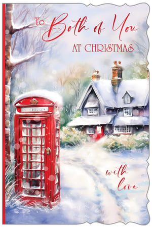 Share warm festive greetings with our charming "To Both Of You" Christmas card. From Out of The Blue Studios Ltd, this card features a classic British winter scene, complete with an iconic red telephone box surrounded by snow and a quaint, snow-dusted cottage in the background. It's a lovely way to convey seasonal wishes to a special couple. The card carries the message "To Both of You AT CHRISTMAS with love," making it a thoughtful choice for the holidays. Available in a handy 1x6 pack, it's a delightful addition to your Christmas card selection.