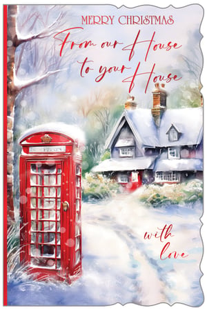 Invite your customers to share the warmth of the season with our delightful 'House to House' Christmas cards. This charming design, brought to you by Out of The Blue Studios Ltd., showcases a quintessential British winter scene. A classic red telephone box stands proudly amidst a gentle snowfall, with a cosy, snow-covered cottage nestled in the background. The beautiful watercolour-style artwork creates a truly nostalgic and festive atmosphere. Featuring the heartfelt message, 'MERRY CHRISTMAS From our House to your House with love,' these cards are perfect for sending warm wishes. Available in a convenient pack size of 1x6, they're an essential addition to your holiday card collection, promising to bring joy to every recipient.