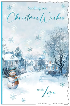 Bring the magic of a snowy Christmas village to your customers with this enchanting 'Open' Christmas card from Out of The Blue Studios Ltd. Featuring a delightful watercolour illustration, the scene captures a charming snowman standing proudly amidst a picturesque, snow-covered street, complete with twinkling houses and delicate falling snowflakes. The heartfelt message, 'Sending you Christmas Wishes with Love', makes it perfect for anyone on your customers' festive lists.

This beautifully designed card offers a warm and traditional feel, ideal for spreading seasonal cheer. Stock up on this popular design, available in a convenient pack size of 1x6, ensuring you have plenty of these lovely cards for the holiday season.