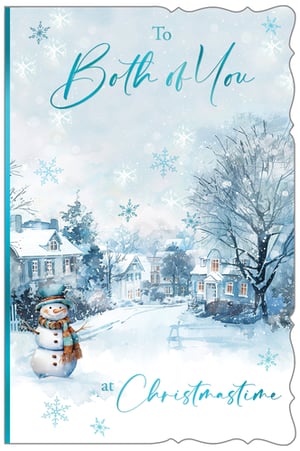 Offer your customers this lovely "To Both Of You" Christmas card, perfect for a special couple. The design features a picturesque snowy village scene, complete with charming houses, frosted trees, and a cheerful snowman, all under a gentle fall of snowflakes. Rendered in a serene blue and white palette, this card beautifully captures the peaceful spirit of Christmastime. It's an ideal way to convey warm seasonal greetings. From Out of The Blue Studios Ltd, each pack contains 6 cards, ready to bring a touch of festive warmth to your retail display.