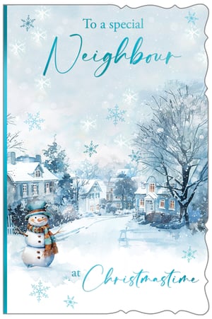 Help your customers celebrate their special neighbours this Christmas with our lovely 'Neighbour' card. This delightful design from Out of The Blue Studios Ltd showcases a picturesque watercolour scene of a snow-covered village, featuring a friendly snowman and gentle snowflakes. The elegant blue and white palette creates a serene winter atmosphere. Each card carries the warm message: 'To a special Neighbour at Christmastime'. Supplied in a handy pack of 6, these cards are a popular choice for retailers, offering a thoughtful way to share seasonal goodwill. Product name: Neighbour. Pack size: 1x6.