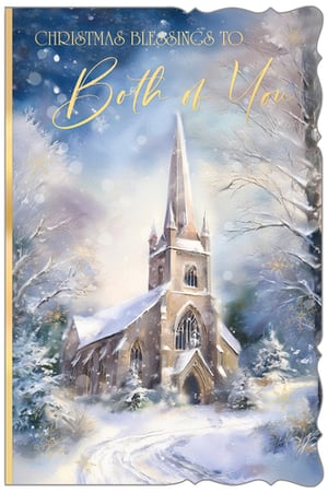 Introduce the 'To Both Of You' Christmas card, a truly charming addition to your festive collection. This beautiful design from Out of The Blue Studios Ltd. captures the serene beauty of a snowy winter's night, featuring a picturesque church nestled among frost-dusted trees. Rendered in a soft watercolour style, with gentle snowflakes drifting down, it evokes a peaceful and traditional Christmas spirit. The warm message, "Christmas Blessings To Both Of You," makes it perfect for sending heartfelt greetings to couples or two special individuals. Available in a practical pack size of 1x6, this card is sure to be a popular choice for customers seeking a classic and elegant seasonal greeting.