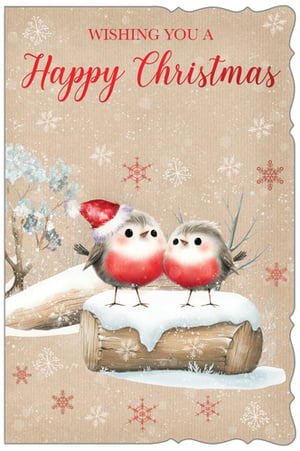 Add a sprinkle of festive cheer to your Christmas card selection with this delightful design from Out of The Blue Studios Ltd. This charming open card features two adorable robins, one wearing a sweet Santa hat, nestled on a snow-covered log. The rustic, snowflake-adorned background enhances the heartwarming "Wishing You A Happy Christmas" message. It's a truly lovely card that customers will adore sending. Each pack contains 6 of these beautiful cards, perfect for spreading seasonal joy.