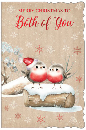 Spread festive cheer with our adorable 'To Both Of You' Christmas cards, brought to you by Out of The Blue Studios Ltd. This heartwarming design features two charming robins, one sporting a cute Santa hat, nestled together on a snow-dusted log amidst a flurry of festive snowflakes.
The rustic background and classic 'Merry Christmas to Both of You' message make this card perfect for sending warm wishes to couples, friends, or family this holiday season. Its sweet and traditional appeal ensures it will be a popular choice for your customers. Available in a convenient pack of 6, these delightful cards are ready to brighten up any festive display.