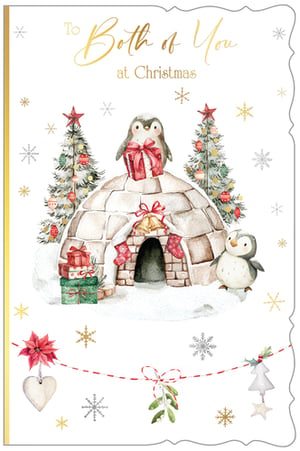 Send warm festive wishes to a special pair with our delightful 'To Both Of You' Christmas card. This charming design, from Out of The Blue Studios Ltd., features two adorable penguins celebrating by a cosy igloo, surrounded by beautifully decorated Christmas trees and a scattering of sparkling snowflakes.
The intricate watercolour artwork brings to life a stack of presents, festive stockings, and a lovely garland adorned with mistletoe and a vibrant poinsettia. Perfect for couples, friends, or family, this card truly captures the magic of the season. Each pack contains 6 cards, ready to spread joy and cheer this Christmas.