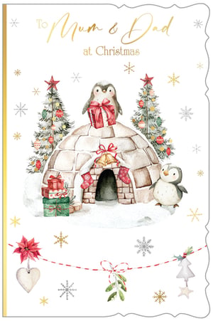 Send warm festive wishes to Mum & Dad this Christmas with this utterly charming card from Out of The Blue Studios Ltd. This delightful design features an adorable watercolour scene, where two cute penguins celebrate by a cosy igloo, surrounded by beautifully decorated Christmas trees and a scattering of festive gifts. Delicate snowflakes and a heartwarming garland with mistletoe and poinsettia complete this enchanting winter wonderland. It's the perfect way to show appreciation to parents during the festive season. Available in a convenient pack of 6 (1x6).