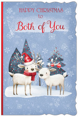 Send warm festive wishes with our delightful 'To Both Of You' Christmas card. This charming design features two utterly adorable reindeer, one sporting a cosy Santa hat and red scarf, the other playfully adorned with festive baubles on its antlers. Set against a beautiful snowy blue backdrop with twinkling Christmas trees and falling snowflakes, this card perfectly captures the magic of the season. The heartfelt message "Happy Christmas to Both of You" makes it an ideal choice for couples, friends, or family. Offer your customers this truly enchanting card, perfect for spreading double the Christmas cheer. Available in a convenient pack of 6 from Out of The Blue Studios Ltd.