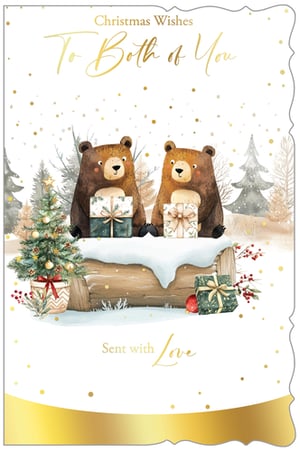 Spread festive cheer with our charming 'To Both Of You' Christmas card from Out of The Blue Studios Ltd. This delightful design features two adorable bears nestled in a snowy winter wonderland, each holding a beautifully wrapped gift. Golden accents and falling snowflakes add a touch of magic, while a decorated Christmas tree completes the heartwarming scene. Perfect for sending warm wishes to a special couple, this card is sure to bring a smile. Each pack contains 6 cards, ready to add a touch of love to your seasonal offerings.