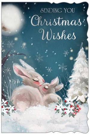 Bring a touch of heartwarming magic to your Christmas card selection with this enchanting design from Out of The Blue Studios Ltd. Featuring two adorable bunnies snuggled together in a peaceful, snow-covered landscape under a glowing full moon, this card beautifully captures the tender spirit of the season. Delicate snowflakes drift around the elegant 'Sending You Christmas Wishes' message, making it perfect for sharing warmth and affection. The soft artistry and serene winter scene create a truly special greeting. As an 'Open' card, it’s wonderfully versatile for sending festive cheer to anyone on your list. Available in a convenient 1x6 pack, it’s an ideal addition for your retail offering this Christmas.
