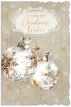 "Sending you Christmas Wishes" is a charming and heartwarming Christmas card from Out of The Blue Studios Ltd. This delightful design captures the magic of the season with two adorable mice nestled amongst beautifully decorated baubles, all set against a backdrop of delicate snowflakes. The soft, watercolour artistry and gentle festive palette create a truly inviting scene, perfect for conveying warm greetings. Your customers will love sending these sweet cards to their loved ones. Available in a handy pack of 6, this design is an ideal addition to your seasonal greeting card selection.