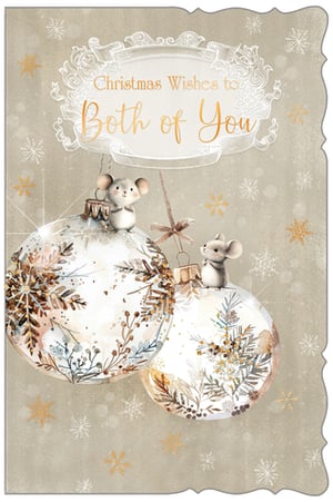 Spread festive cheer with our enchanting 'To Both Of You' Christmas card, perfect for couples! This beautifully designed card from Out of The Blue Studios Ltd features an elegant, muted palette with delicate gold accents and sparkling snowflakes. Adorable little mice perch playfully on two stunning, watercolour-style baubles, creating a truly heartwarming scene. The intricate detailing and charming artwork make this card a delightful choice for sending warm Christmas wishes. Each pack contains 6 cards, ready to add a touch of magic to your seasonal offerings. A truly lovely card that customers will adore.