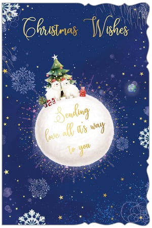 Spread festive cheer with this enchanting Christmas card from Out of The Blue Studios Ltd. This delightful 'Open' card features a heartwarming scene set against a deep blue, starry night sky. Two adorable polar bears, complete with Santa hats, gather around a twinkling Christmas tree and gifts atop a soft, glowing moon. Golden script wishes "Christmas Wishes" at the top, with "Sending love all it's way To you" elegantly placed on the moon. Adorned with delicate snowflakes and shimmering stars, this card offers a truly magical way to send season's greetings. Available in a convenient pack size of 1x6, it's a perfect addition to your festive card collection.