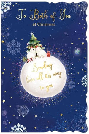 Share warm wishes this festive season with our adorable 'To Both Of You' Christmas card. Perfect for couples, this charming design from Out of The Blue Studios Ltd. features two sweet, Santa-hat-wearing creatures nestled beside a twinkling Christmas tree on a magical, snow-covered moon. Against a deep blue, star-filled sky, golden script wishes 'Sending love all it's way To you'. With its delightful artwork and heartfelt message, this card is sure to bring joy. Each pack contains 6 beautifully designed cards, ready to add a touch of magic to your Christmas collection.
