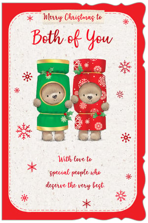 Send warm wishes to special people this Christmas with our delightful 'To Both Of You' card. This charming design features two adorable teddy bears peeking from festive green and red crackers, surrounded by cheerful snowflakes and holly. The heartfelt message, "Merry Christmas to Both of You," is complemented by "With love to special people who deserve the very best," making it perfect for couples, friends, or family. With its vibrant red border and textured finish, this card is sure to bring a smile. Available in a convenient pack of 6, supplied by Out of The Blue Studios Ltd.