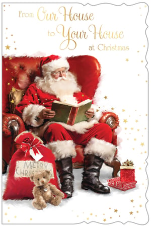 Bring the true spirit of Christmas to your customers with our enchanting 'House to House' greeting card. This heartwarming design features a classic scene of Santa Claus, spectacles perched on his nose, cosily nestled in a plush red armchair, engrossed in a festive book. Beside him, a sack brimming with gifts and a charming teddy bear await, while sparkling gold stars adorn the crisp white background.
The elegant gold script conveys the perfect seasonal message: "From Our House to Your House at Christmas." This traditional and beautifully illustrated card is ideal for spreading warmth and joy.
Supplied by Out of The Blue Studios Ltd., these delightful cards come in a convenient pack size of 1x6, making them a wonderful addition to your festive collection.