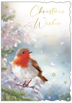 Bring a touch of festive charm to your Christmas card selection with this beautiful design from Out of The Blue Studios Ltd. Our 'Open' Christmas card features an exquisitely painted robin, its iconic red breast a vibrant splash of colour against a serene, snow-dusted winter backdrop. Elegant gold foil lettering spells out "Christmas Wishes sent with love," complemented by delicate golden snowflakes that add a touch of sparkle.

This heartwarming scene captures the true spirit of the season, making it a perfect choice for customers looking for a traditional yet stunning card. Supplied in a convenient pack size of 1x6, these cards are ready to delight your customers and add a touch of warmth to their holiday greetings. A truly lovely card for the festive season.