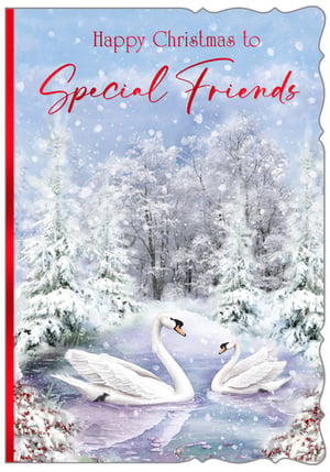 Share the magic of the season with our beautiful "Friends" Christmas card. This enchanting design features a serene winter wonderland, where two graceful swans glide across a tranquil, snow-dusted lake. Frosted trees and gently falling snow create a truly picturesque scene, perfectly complemented by the heartfelt message "Happy Christmas to Special Friends".
Ideal for spreading festive cheer to those closest to us, this card is a wonderful addition to any Christmas collection. Supplied by Out of The Blue Studios Ltd., each pack contains 6 cards, ready to charm your customers. A delightful choice for celebrating cherished friendships this holiday season.