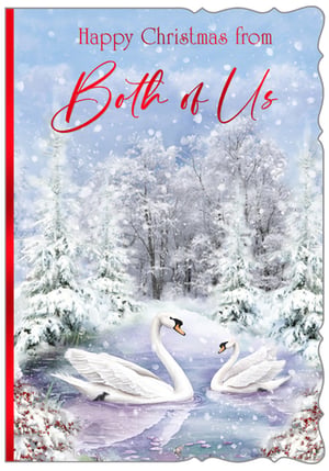 Capture the magic of a winter wonderland with our 'From Both Of Us' Christmas card. This enchanting design features two graceful swans gliding across a serene, reflective pond, surrounded by a breathtaking snow-covered forest and gently falling snowflakes. The heartfelt message, "Happy Christmas from Both of Us," is beautifully presented in elegant red script, making it the perfect choice for couples or families to send warm festive greetings. With its classic charm and stunning artistry, this card is sure to delight recipients. Available in a convenient pack of 6, from Out of The Blue Studios Ltd. A truly lovely addition to your seasonal card selection!
