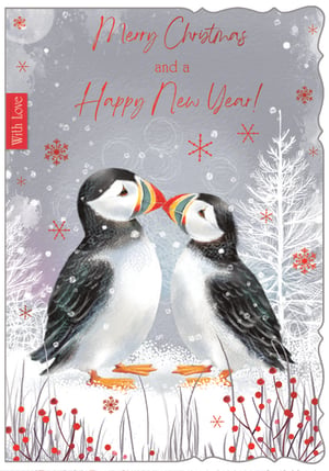 Spread festive cheer with these utterly charming Christmas cards, featuring two adorable puffins in a heartwarming embrace! This delightful design captures a sweet moment between the birds, set against a beautiful snowy backdrop adorned with delicate snowflakes and winter berries. The cheerful 'Merry Christmas and a Happy New Year!' message, alongside the 'With Love' detail, makes this card perfect for sending warm wishes.

As an 'Open' card, it provides ample space for your customers to write their own heartfelt messages, making it suitable for anyone on their list. Crafted with care, these delightful cards are sure to bring a smile. Available in a convenient pack of 6, they're a wonderful addition to your seasonal greeting card collection.