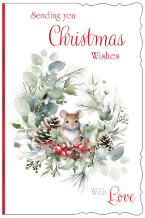 Discover the charm of the festive season with this delightful Christmas card from Out of The Blue Studios Ltd. This 'Open Female' design features an utterly adorable mouse nestled amongst a beautifully illustrated winter wreath. Delicate eucalyptus, frosted pine needles, rustic pine cones, and bright red berries create a heartwarming scene. The card conveys warm wishes with its elegant 'Sending you Christmas Wishes With Love' message. Perfect for sharing festive greetings with friends and loved ones, this card offers a touch of gentle holiday magic. Each pack contains 6 cards, ready to enchant your customers this Christmas.