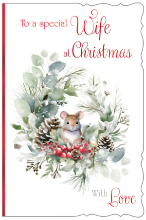 Make her Christmas truly special with this delightful card designed for a beloved Wife. This charming card features an adorable mouse nestled amongst a beautiful, frosted wreath of eucalyptus, pine, red berries, and natural pinecones, exuding warmth and festive cheer. The elegant script conveys the heartfelt message 'To a special Wife at Christmas' and 'With Love', making it a perfect token of affection. Crafted with quality and care by Out of The Blue Studios Ltd., these cards are designed to stand out. Available in a convenient pack of 6, they offer a thoughtful and heartwarming choice for your customers this festive season.