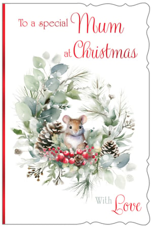 Delight your customers with this charming Christmas card designed especially for Mums. Featuring an adorable mouse nestled amongst a beautifully illustrated festive wreath of frosted eucalyptus, pine needles, pine cones, and bright red berries, it captures the warmth of the season. The heartfelt message 'To a special Mum at Christmas' and 'With Love' makes it a perfect choice for expressing affection. This delightful design from Out of The Blue Studios Ltd. comes in a convenient pack size of 1x6, ready to add a touch of festive cheer to your retail offering.