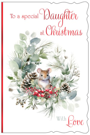 Offer your customers the perfect way to celebrate a cherished bond this Christmas with our "Daughter" card from Out of The Blue Studios Ltd. This enchanting design features an irresistibly cute mouse peeking out from a beautifully illustrated festive wreath. Adorned with frosted eucalyptus, natural pine cones, and cheerful red berries, the watercolour artwork exudes warmth and seasonal charm. The elegant script conveys a heartfelt message: "To a special Daughter at Christmas," finished with "With Love." These high-quality cards are sure to be a popular choice for expressing affection. Each pack contains 6 cards, making them a convenient addition to your seasonal stock.