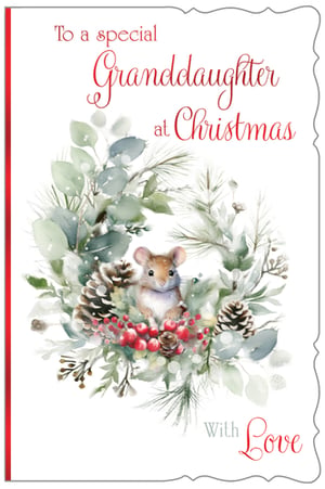 Make Christmas extra special for a beloved granddaughter with this enchanting card. Our 'Granddaughter' Christmas card features a truly adorable watercolour illustration of a sweet little mouse, peeking out from a festive wreath. The wreath is beautifully adorned with lush green foliage, frosted pinecones, and vibrant red berries, capturing the magic of the season. With the heartfelt message "To a special Granddaughter at Christmas" and finished "With Love", it's the perfect way to send warm wishes. This delightful card is sure to bring joy and a smile to her face. Available in a convenient pack of 6, ready for your customers to share the festive spirit.