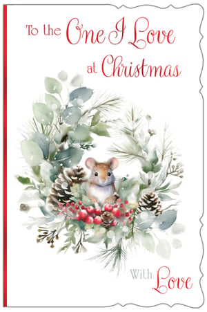 Capture the true spirit of Christmas with our enchanting 'One I Love Female' card, brought to you by Out of The Blue Studios Ltd. This delightful design features an adorable mouse peeking out from a beautifully illustrated festive wreath, adorned with frosted eucalyptus, pinecones, and vibrant red berries. The gentle watercolour artistry creates a serene and heartwarming scene, perfect for conveying your deepest affection. With its tender message, 'To the One I Love at Christmas', and charming imagery, this card is ideal for that special woman in your life. Each card is thoughtfully crafted, ensuring a touch of elegance for the festive season. Available in a convenient pack of 6, ready for your customers.
