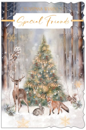 Share the magic of the season with our enchanting 'Friends' Christmas card. This heartwarming design captures a serene winter wonderland, where beloved woodland creatures gather around a beautifully lit Christmas tree. A majestic deer, a playful fox, a curious rabbit, a wise owl, and a busy squirrel all feature in this charming scene. The festive tree twinkles with golden lights and decorations, creating a truly special atmosphere. With the message 'Christmas Wishes to Special Friends' elegantly displayed, this card is perfect for conveying heartfelt greetings. Crafted with care by Out of The Blue Studios Ltd., each pack contains 6 cards, ready to bring joy to your customers.