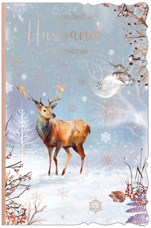 Wholesale Christmas Card: Husband (Pack of 6)
Offer your customers this truly enchanting Christmas card for a wonderful Husband, from Out of The Blue Studios Ltd. This beautiful design captures the serene magic of winter, featuring a majestic stag standing gracefully in a snowy landscape. Delicate snowflakes, frosted trees, and charming wildlife like owls in flight and a sweet hedgehog complete the idyllic scene. The heartfelt message "To a wonderful Husband at Christmas" is elegantly highlighted with rose gold foil, adding a touch of festive sparkle. With its calming blue and white palette and exquisite details, this card is a perfect way to convey love and warmth during the festive season. Each pack contains 6 identical cards, ideal for your retail display.