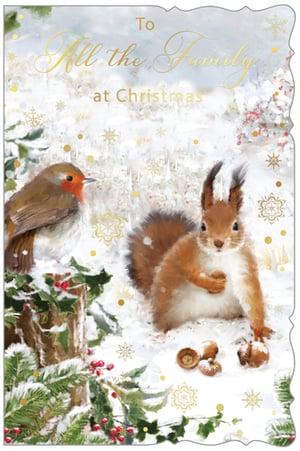 "To All The Family" Christmas Card – a truly heartwarming choice for the festive season. This delightful card from Out of The Blue Studios Ltd. captures the magic of a snowy winter wonderland.
Featuring a charming robin perched on a snow-dusted log and an adorable squirrel with its festive treats, surrounded by glistening holly and pine, it's a scene of pure seasonal joy. The elegant gold lettering and delicate snowflakes add a touch of sparkle, making this card feel truly special. Perfect for sending warm wishes to every member of the family, its traditional yet enchanting design is sure to be a favourite with your customers. Available in a convenient pack of 6, ensuring your shelves are stocked with this popular design.
