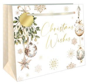 Present your gifts in style this festive season with our exquisite Large Baubles Gift Bag. From Out of The Blue Studios Ltd., this beautiful bag features a sophisticated design of delicate mistletoe, elegant baubles, and shimmering golden snowflakes, all set against a crisp white background. The 'Christmas Wishes' message, rendered in a charming gold script, adds a touch of warmth and luxury. Complete with sturdy ribbon handles, this large gift bag is perfect for holding a variety of Christmas presents, making every gift feel extra special. Available in a convenient pack of 6, it's an ideal choice for retailers looking to offer premium festive packaging.