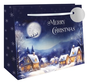 Bring a touch of enchanting Christmas magic to your customers' gifting this season with our Large Midnight Santa Gift Bag! From Out of The Blue Studios Ltd., this stunning bag features a captivating moonlit scene, where Santa's sleigh soars across a glowing full moon above a charming, snow-covered village. Warm lights twinkle from cosy homes, creating a truly festive atmosphere.

Adorned with elegant 'Merry Christmas' lettering and finished with a stylish silver ribbon handle and tag, this large bag is perfect for presenting those special holiday gifts. Its deep midnight blue and sparkling snowflake details make it an instant festive favourite. Stock up with our convenient pack of 6 and ensure your shelves are ready for the festive rush!