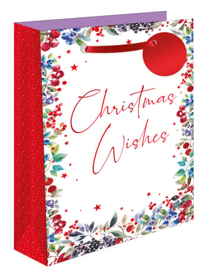 Present your Christmas gifts beautifully with our Christmas Wishes Perfume Gift Bag. This attractive bag features a lovely watercolour design of festive red and blue berries, green foliage, and small red stars, framing the elegant 'Christmas Wishes' message. It's ideal for perfumes or other small, thoughtful presents, complete with a red ribbon handle and a matching circular gift tag. The vibrant red side panel and subtle purple top edge add a delightful finishing touch. Supplied by Out of The Blue Studios Ltd, these bags come in a convenient pack of 6, perfect for your holiday retail offering.