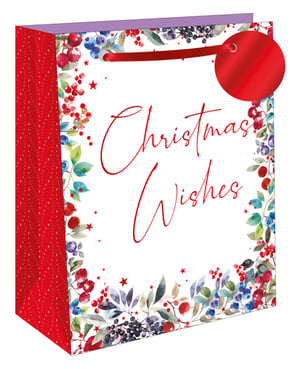 Elevate your Christmas gift-wrapping selection with our stunning Large Christmas Wishes Gift Bag, brought to you by Out of The Blue Studios Ltd. This exquisite bag features a beautiful watercolour-style design of festive berries and foliage, complemented by delicate red stars. The elegant "Christmas Wishes" script takes centre stage, adding a touch of seasonal charm.

Designed for convenience and style, each bag includes sturdy red ribbon handles and a matching round gift tag, perfect for personal messages. The vibrant red side panel with a subtle dot pattern completes this delightful design. Offer your customers a truly special way to present their gifts this holiday season. Available in a practical 1x6 pack size.