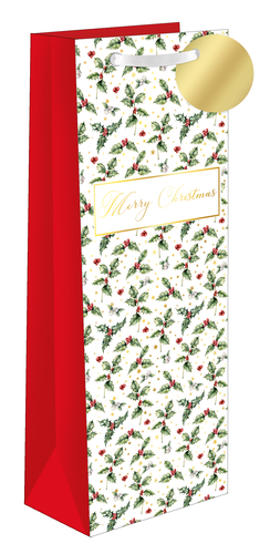 Make your festive gifting extra special with our charming Holly and Ivy Bottle Bag. This elegant bag features a delightful pattern of classic green holly leaves and vibrant red berries, interspersed with twinkling gold stars and delicate white butterflies, all set against a crisp white background.

A golden-bordered panel proudly displays 'Merry Christmas' in a beautiful script, adding a touch of sophistication. The rich red sides and a coordinating white ribbon handle complete the festive look, making it perfect for presenting wine, spirits, or other tall gifts. Each bag also comes with a stylish gold gift tag, ready for a personal message.

These beautiful bags, supplied by Out of The Blue Studios Ltd., are available in a convenient pack size of 1x6, ensuring you're well-stocked for the holiday season. Elevate your customers' gift-giving experience this Christmas!