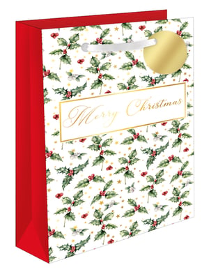 Elevate your customers' festive gifting with our charming Holly and Ivy Perfume Bag. This delightful gift bag features a timeless Christmas design, adorned with vibrant green holly leaves, traditional red berries, and elegant white accents, all complemented by shimmering gold stars. A prominent "Merry Christmas" message in sophisticated gold script adds a touch of luxury. Ideal for presenting perfumes or other small, thoughtful gifts, each bag boasts a luxurious white ribbon handle and a stylish gold gift tag. Supplied by Out of The Blue Studios Ltd. in a convenient pack of 6, these bags are a must-have for your seasonal gift wrap collection.