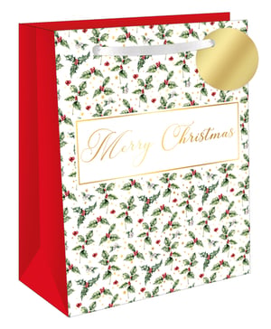 Bring festive cheer to your customers' gifts with our charming Medium Holly and Ivy Gift Bag. From Out of The Blue Studios Ltd., this delightful bag features a classic pattern of vibrant green holly and ivy, adorned with traditional red berries and sparkling gold stars on a crisp white background.

The elegant "Merry Christmas" message, framed in gold, adds a touch of sophistication. With bright red sides and a luxurious white ribbon handle, complete with a golden gift tag, this bag is perfect for presenting presents beautifully. Available in a convenient pack of 6, it's an essential for the holiday season.