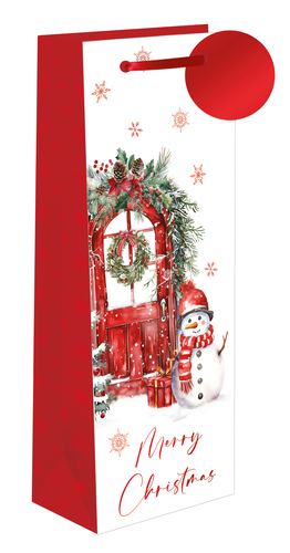 Bring festive cheer to your customers' gifts with our delightful Frosty the Snowman Bottle Bag. Perfect for presenting wine, spirits, or other tall gifts, this charming bag features a heartwarming scene. A friendly snowman, complete with a cosy red hat and striped scarf, stands beside a beautifully decorated red door adorned with a festive wreath and winter greenery. Delicate snowflakes drift across the crisp white background, with "Merry Christmas" elegantly scripted below. The vibrant red side panel and handle add a touch of classic holiday colour. Supplied by Out of The Blue Studios Ltd, these bags come in a convenient pack size of 6, ready to add a special touch to any Christmas celebration.
