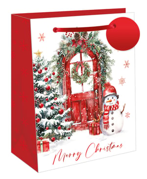 Present your gifts with festive charm using our Extra Large Frosty the Snowman Gift Bag, supplied by Out of The Blue Studios Ltd. This delightful bag showcases a classic Christmas scene, featuring a welcoming red door adorned with a lush wreath and garlands. A snow-dusted Christmas tree, sparkling with red baubles and a golden star, stands beside an adorable snowman, complete with a cosy red hat and striped scarf. "Merry Christmas" is elegantly scripted below, adding a heartwarming touch. Perfect for generous presents, this extra-large bag ensures your customers' gifts are beautifully presented. Available in a convenient pack size of 1x6, it's an essential for the holiday season.