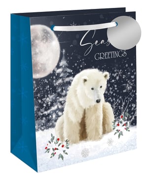 Bring a touch of winter magic to your customers' gifts with our Large Moonlight Walk Gift Bag. This enchanting bag features a serene polar bear sitting peacefully in a snowy landscape, illuminated by a sparkling full moon. "Seasons Greetings" is elegantly displayed, making it perfect for the festive season. The deep blue side panels are adorned with delicate snowflakes, complementing the beautiful design. Complete with sturdy ribbon handles and a silver gift tag, this large bag is ideal for presenting those special, larger presents. Available in a convenient pack of 6 from Out of The Blue Studios Ltd.