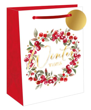 Present your gifts beautifully this winter with our Extra Large Winter Wreath Gift Bag. This elegant bag showcases a delightful watercolour-style winter wreath, featuring rich red berries, verdant green leaves, and sparkling gold glitter details. The charming gold script 'Winter Wishes' adds a warm, festive touch.

Designed for both style and practicality, it includes strong red ribbon handles and a sophisticated gold gift tag, ready for your personal message. The crisp white main panel is complemented by festive red side panels, creating a classic seasonal look. Perfect for those larger, thoughtful presents. Available in a convenient pack of 6, from Out of The Blue Studios Ltd.