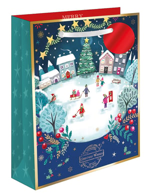 Bring the magic of Christmas to your customers' gifting with our Large Winter Fun Gift Bag. This enchanting bag showcases a delightful winter wonderland scene, featuring snow-dusted houses, a twinkling Christmas tree, and cheerful figures enjoying the festive season. Rich deep blues, vibrant reds, and shimmering gold accents frame the charming illustration, complete with a 'MERRY' header and a 'Sending Christmas Wishes to You' stamp. The side panels feature a playful star pattern, adding extra festive flair. Perfect for larger gifts, this high-quality bag from Out of The Blue Studios Ltd. is designed to make every present feel special. Available in a convenient pack of 6, it's an essential addition to your seasonal stock.