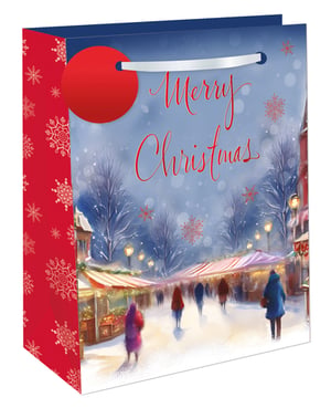 Bring the magic of the festive season to your customers with our Medium Christmas Markets Gift Bag. From Out of The Blue Studios Ltd., this charming bag features a picturesque illustration of a bustling Christmas market scene. Snow-dusted stalls, twinkling lights, and shoppers create a delightful winter wonderland, all topped with a classic "Merry Christmas" message in elegant script. The vibrant red side panels, adorned with intricate white snowflake patterns, perfectly complement the festive design. Complete with a handy red gift tag, these bags are ideal for presenting a wide range of gifts. Available in a convenient pack of 6, they're a must-have for your seasonal stock, sure to add a special touch to any Christmas present.