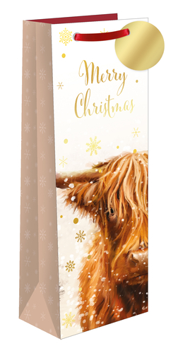 Present your festive bottles in style with our appealing Highland Blizzard Bottle Bag. This eye-catching bag features a striking illustration of a Highland cow amidst golden snowflakes, evoking the spirit of 'Merry Christmas'. The warm, rustic design is complemented by a red ribbon handle and a gold gift tag, adding a premium feel.

Ideal for gifting wine, spirits, or other bottled treats, these bags are set to be a popular choice for your customers. Supplied by Out of The Blue Studios Ltd., each pack contains 6 individual bags, making them convenient to stock and display for the busy festive season.